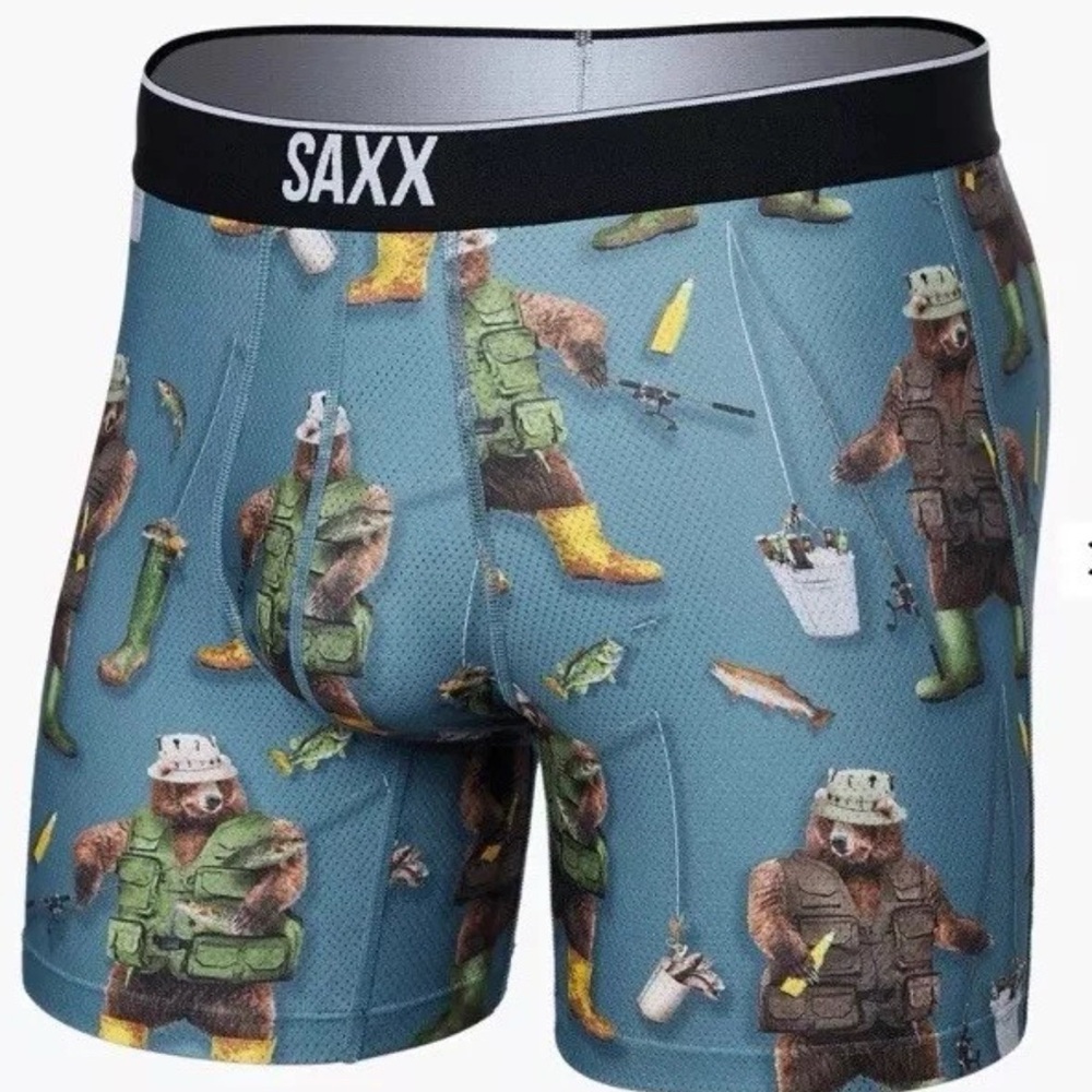 SAXX Men's Water Foul Washed Teal Boxer Briefs with Bear and Fishing NIB